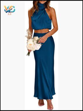 2 Piece Satin Outfits Mock Neck Crop Top Long Skirt Set